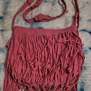 Source Unknown Pink Braided Strap Fringe Crossbody Bag